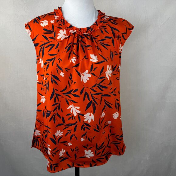 Daniel Rainn Top Sz 8 Pullover Keyhole Orange Floral Print Ruched Neckline - Picture 1 of 7